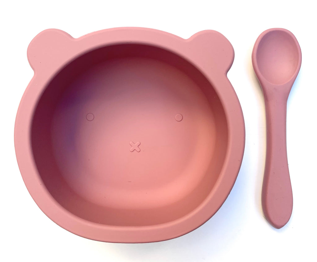 Silicon Bear Bowl & Spoon Set | Rose - yummietummies